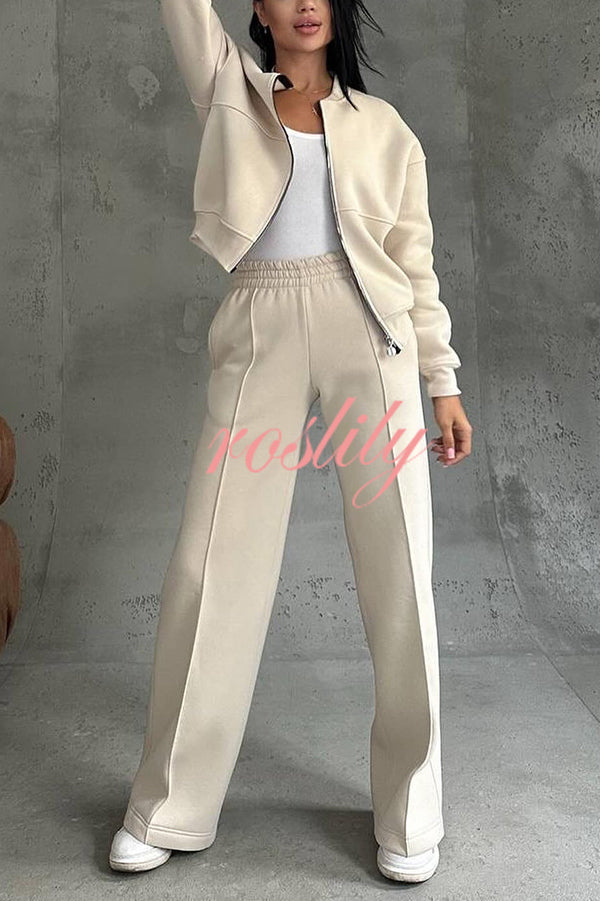 Solid Color Casual Long Sleeve Zipper Jacket and Elastic Waist Pocket Wide Leg Pants Set