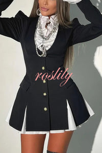 Altair Contrast Ruffled Shirt Patchwork Button Pleated Blazer Mini Dress