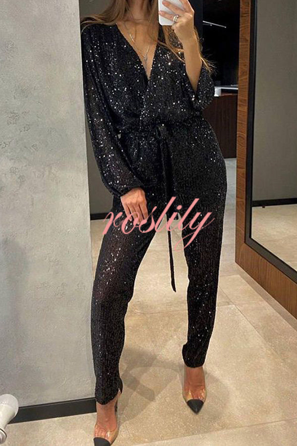 Cheers To You Sequin Long Sleeve Belted Wrap Loose Jumpsuit