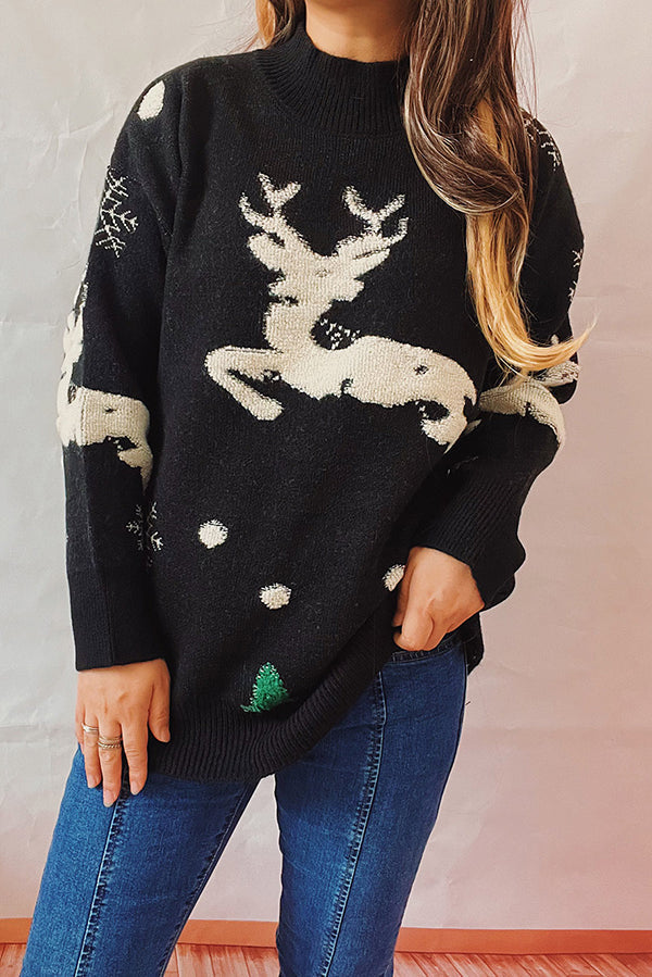 Christmas Pattern Knitted Crew Neck Long Sleeved Sweater