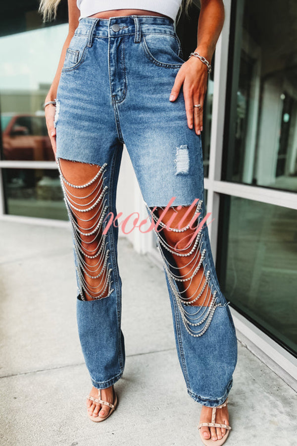 Casual Pocket Ripped Chain Embellished Straight Jeans