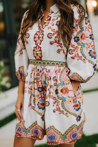 Fun and Vibrant Linen Blend Unique Print Puff Sleeve Pocketed Shirt Mini Dress