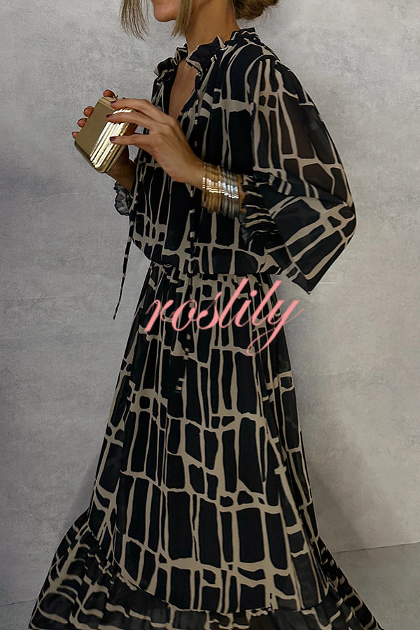 Unique Printed V-neck Tie-up Waist Long-sleeve Maxi Dress