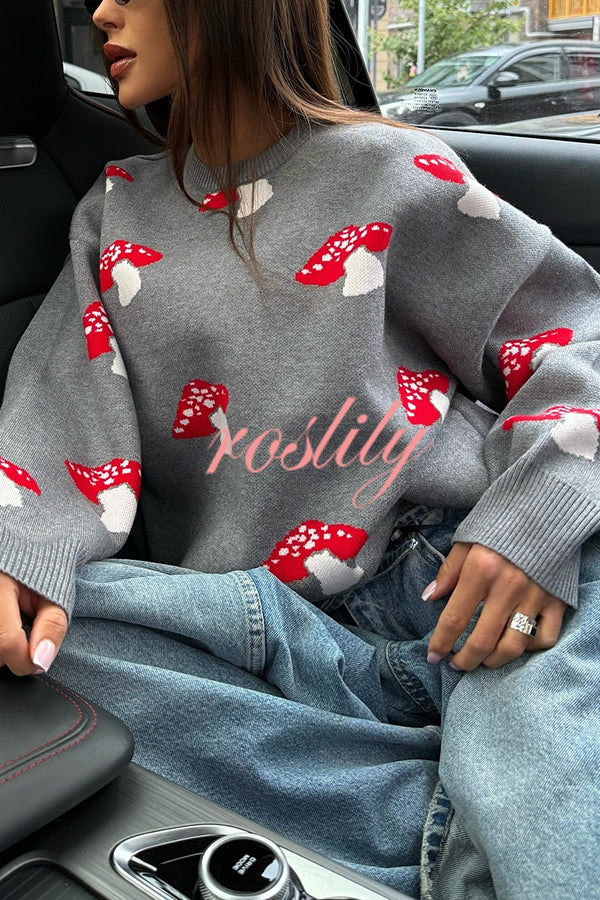 Mushroom Pattern Casual Loose Round Neck Knitted Sweater