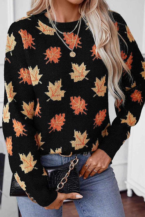 Maple Leaf Pattern Casual Loose Knitted Sweater