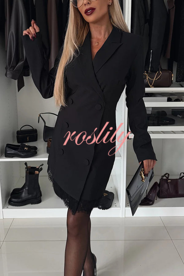 Confidence Style Button Up Lapel Lace Trim Blazer Mini Dress