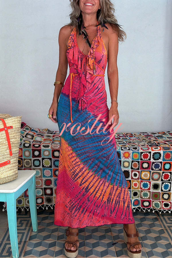 Tarik Tie-dye Print Ruffle Neck Halter Lace-up Backless Stretch Maxi Dress