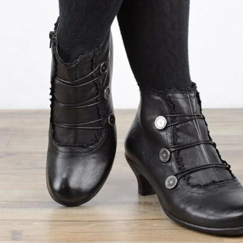 Retro Lace Round Buckle Low Heel Martin Boots