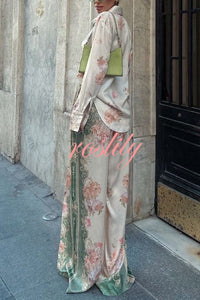 Antibes Satin Court Unique Printed Long Sleeve Loose Shirt and Elastic Waist Pants Set