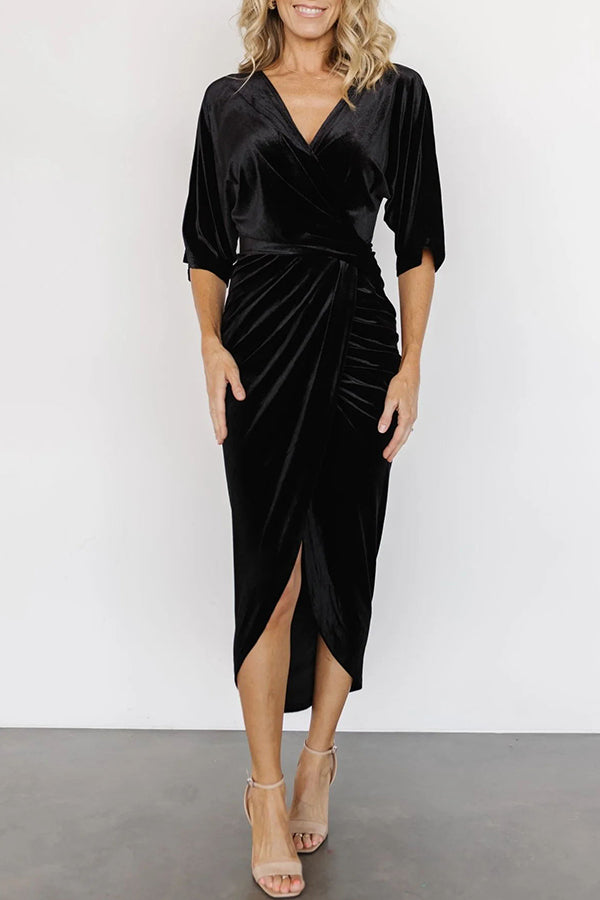 Brendy V Neck Half Sleeve Velvet Pleated Midi Dress