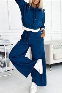 Stylish Patchwork Hooded Sweatshirt and Elastic Waist Tie Pocket Wide Leg Pants Set