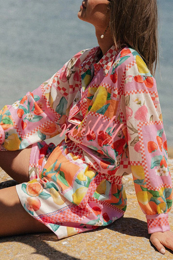 Leisurely Outings Summer Fruit Print Loose Long Sleeve Shirt and Elastic Waist Pocket Shorts Set