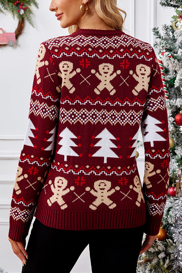 Christmas Gingerbread Man Casual Crew Neck Long Sleeve Sweater