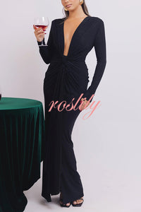 Solid Color Shiny Sexy V-neck Long Sleeve Ribbon Slit Slim Fit Maxi Dress