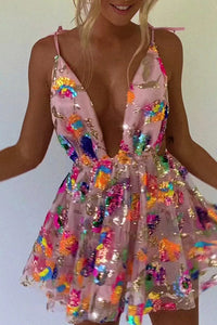 V Neck Open Back Sequined Floral Tie A Line Mini Dress