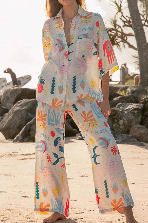 Abstract Sea Creature Print Button Pockets Elastic Waist Pant Suit