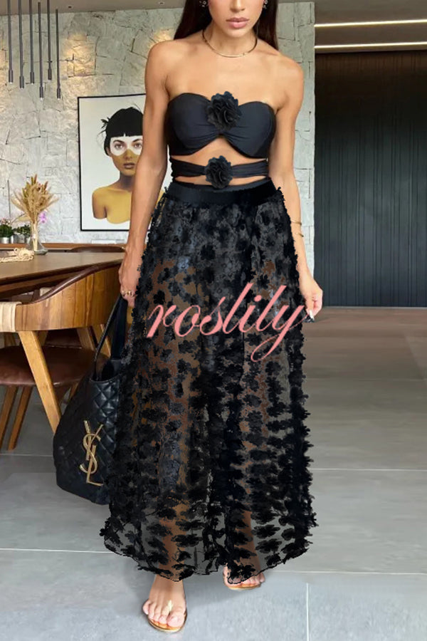 Solid Color Floral Mesh Holiday Maxi Skirt