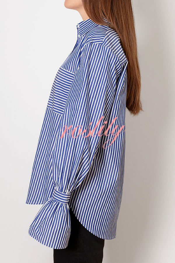 Striped Print Ruffled Long Sleeve Pockets Loose Shirt