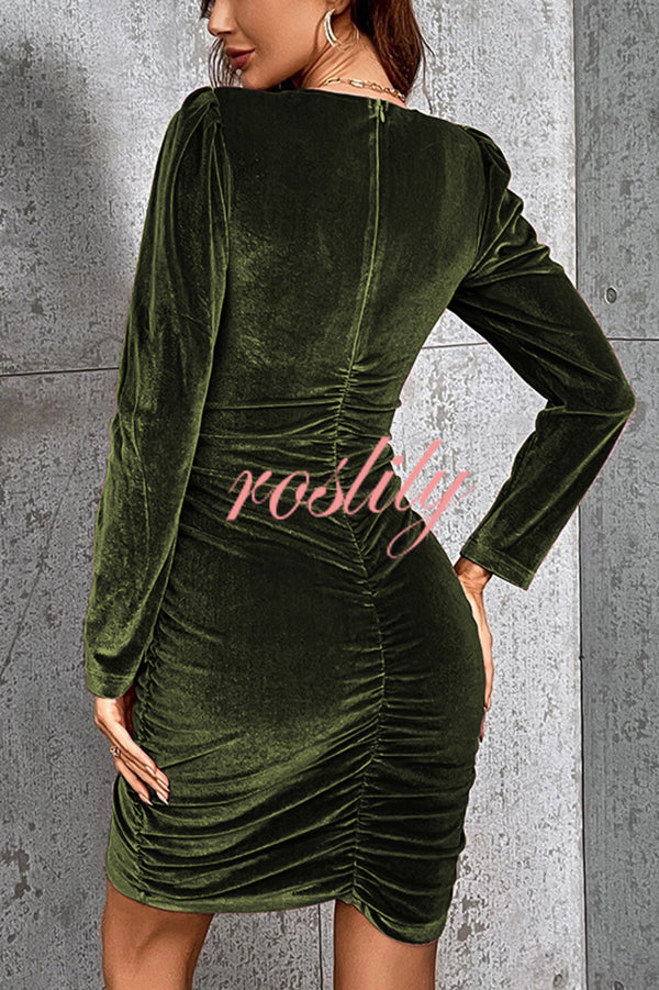 Solid Color Velvet Sexy V-neck Long Sleeve Ruched Mini Dress