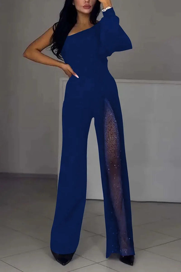 Fashionable Oblique Shoulder One-sleeve Sexy High Slit Slim Jumpsuit