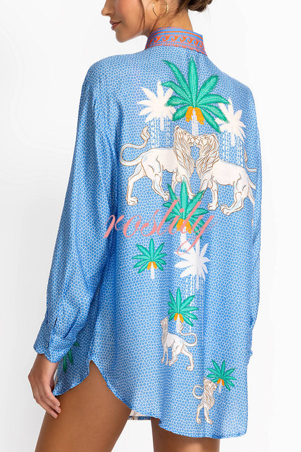 Sunday Breeze Satin Unique Print Button Down Oversized Blouse
