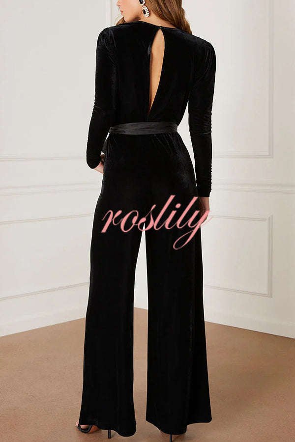 Love One Another Velvet Bow Belted Pocket Cutout Back Loose Jumpsuit