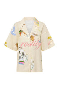 Kea Linen Blend Unique Print Short Sleeve Shirt and High Rise Wrap Panel Miniskirt Set