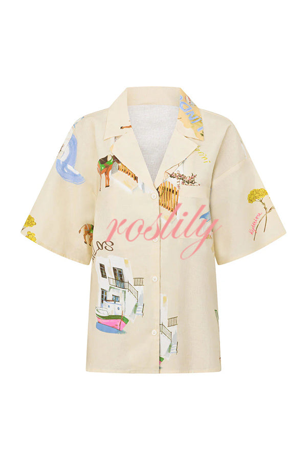 Kea Linen Blend Unique Print Short Sleeve Shirt and High Rise Wrap Panel Miniskirt Set