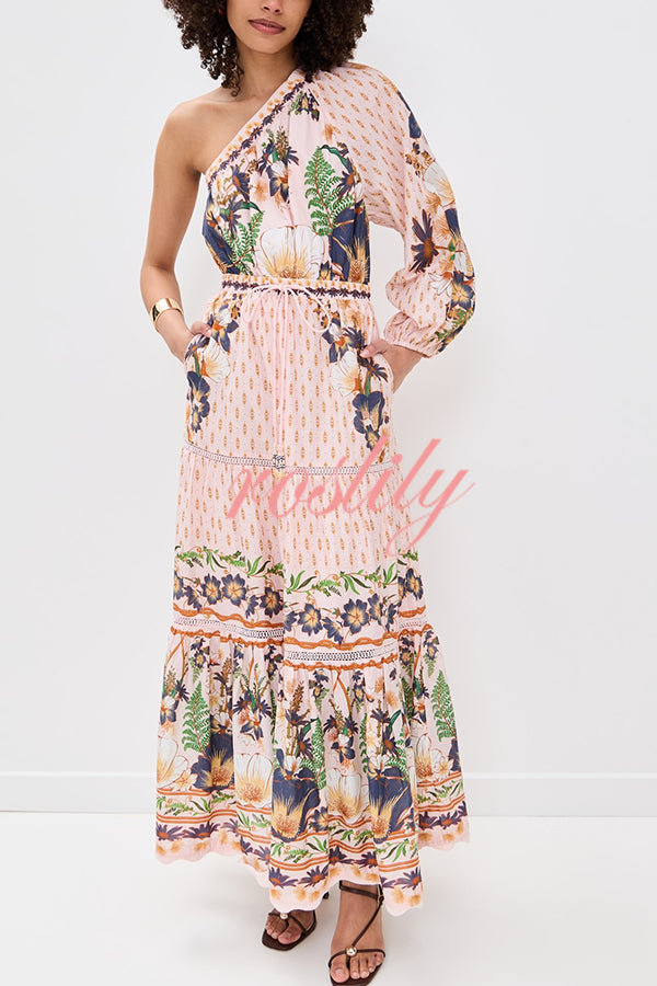 Dream Garden Unique Print One Shoulder Elastic Waist Pocket Maxi Dress