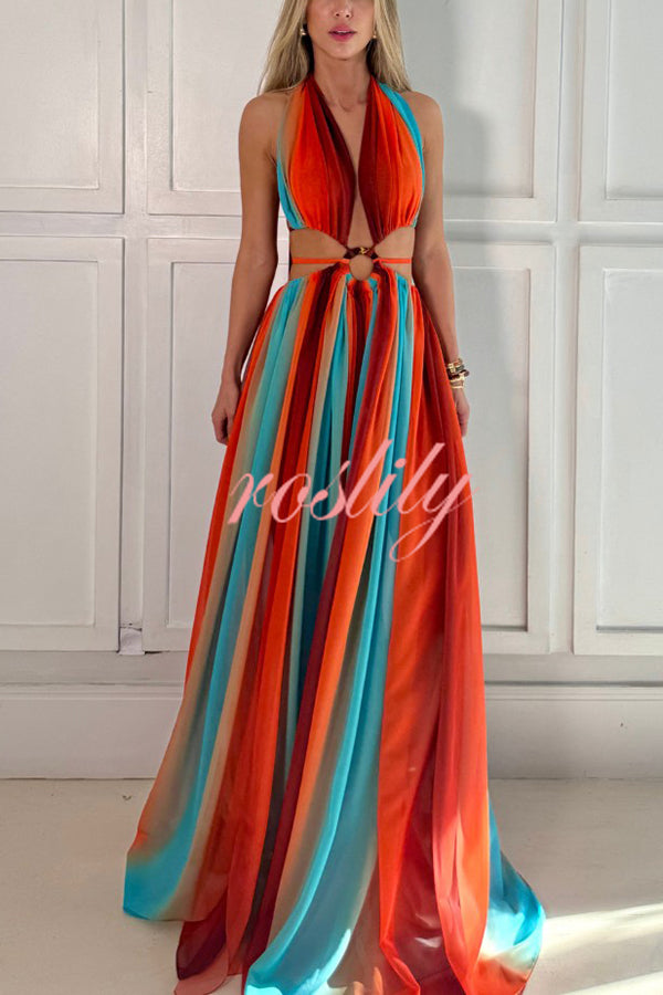 Variety of Styles Tulle Printed Ring Hollow Design Slit Vacation Maxi Dress