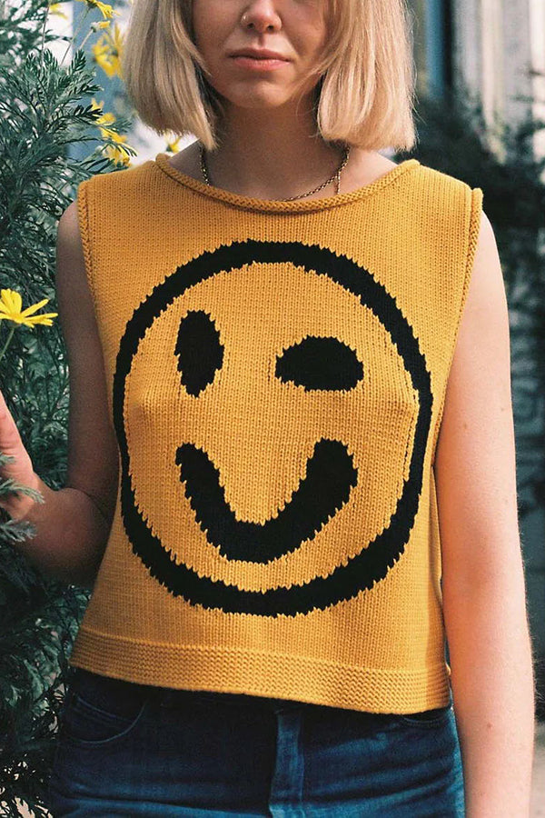 Always Happy Face Knit Unique Pattern Versatile Loose Tank Top