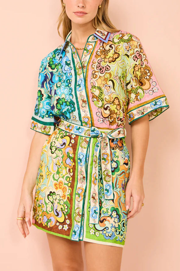 Sasha Linen Blend Unique Printed Shirt Style Tie-waist Mini Dress