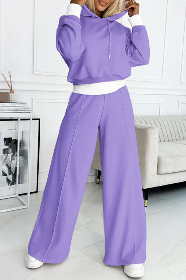 Stylish Patchwork Hooded Sweatshirt and Elastic Waist Tie Pocket Wide Leg Pants Set