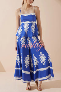 Unique Ethnic Print Suspender Pleated Top and Elastic Waist Loose Wide-leg Pants Set