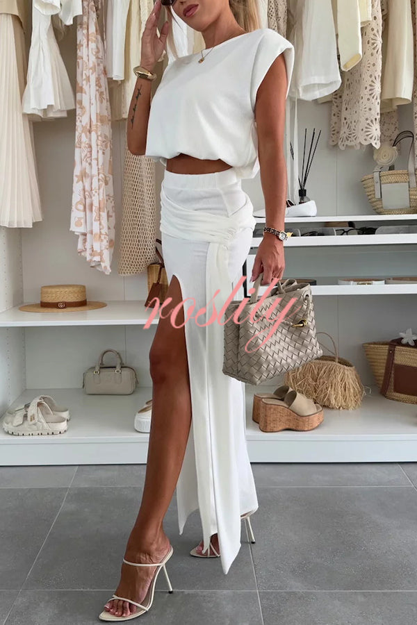 Comfortable Stylish Round Neck Sleeveless Casual Top and Elastic Waist Ruched Tie Slit Midi Skirt Set