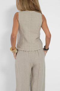 Eddie Linen Blend Button Vest and Elastic Waist Pocketed Wide Leg Pants Set