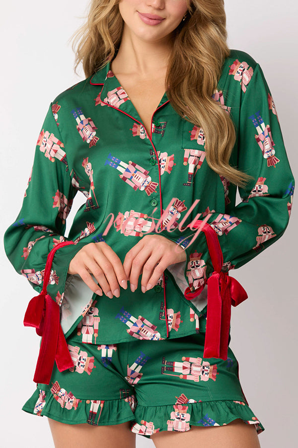 Christmas Fashion Printed Bow Tie Top and Elastic Waist Ruffle Shorts Set