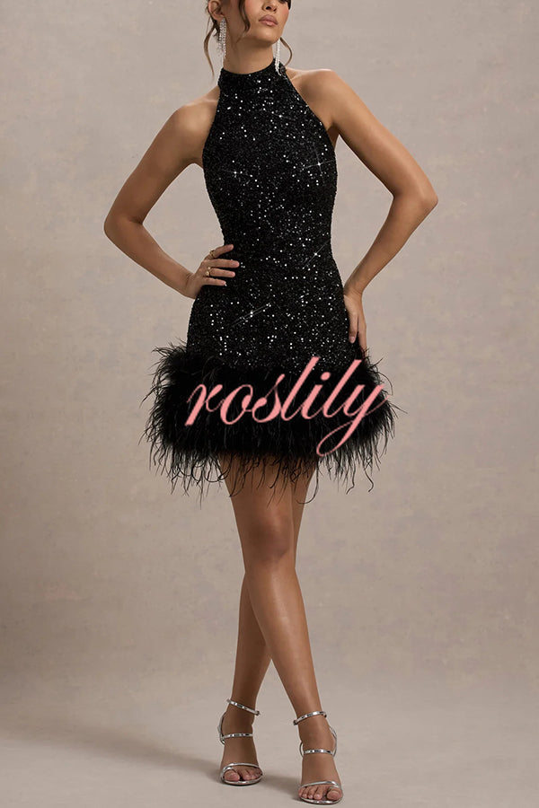 Dazzling and Playful Sequin High Neck Feather Trim Stretch Mini Dress