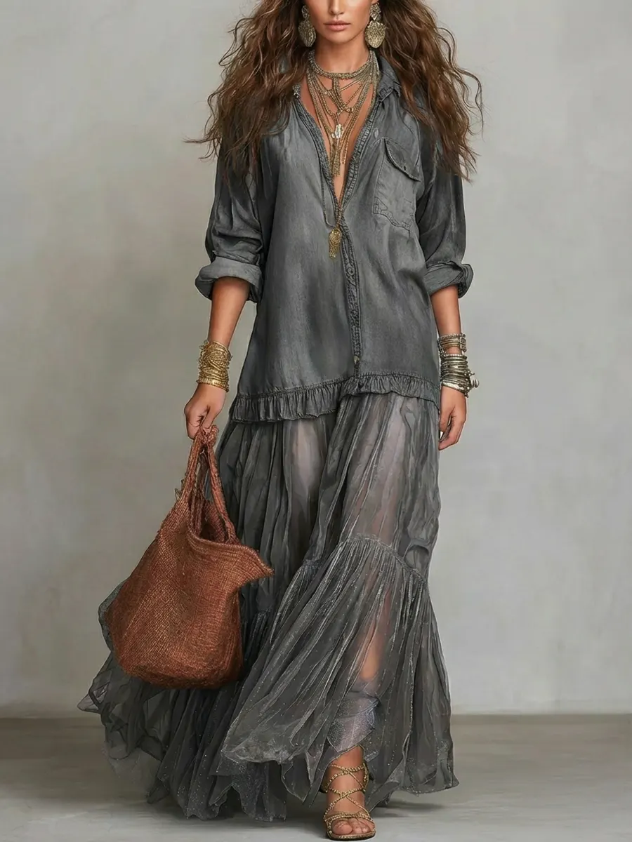 Vintage Denim Patchwork Maxi Dress