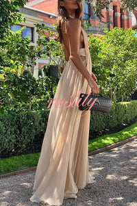 Ethereal Moment Tulle Cutout Ruched Waist Backless Halter Maxi Dress