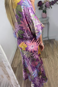 Satin Floral Print V-neck Half-sleeve Loose Top and Elegant Maxi Skirt Set