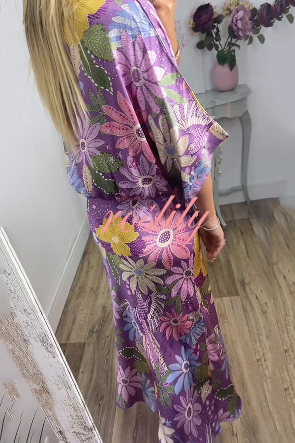 Satin Floral Print V-neck Half-sleeve Loose Top and Elegant Maxi Skirt Set