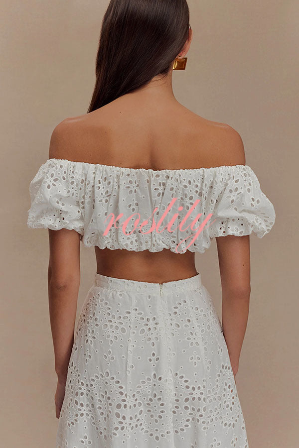 Arla Embroidered Lace Hollow Off Shoulder Bubble Crop Top