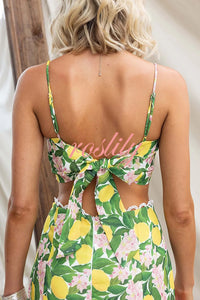 Linen Blend Summer Fruit Print Camisole Top and Elegant Lace Back Slit Maxi Skirt Set