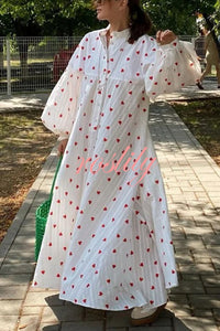 Cute Heart Print Puff Sleeve Loose Shirt Style Maxi Dress