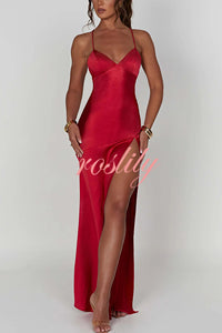 Satin Solid Color Sexy Backless Lace Up High Slit Maxi Dress