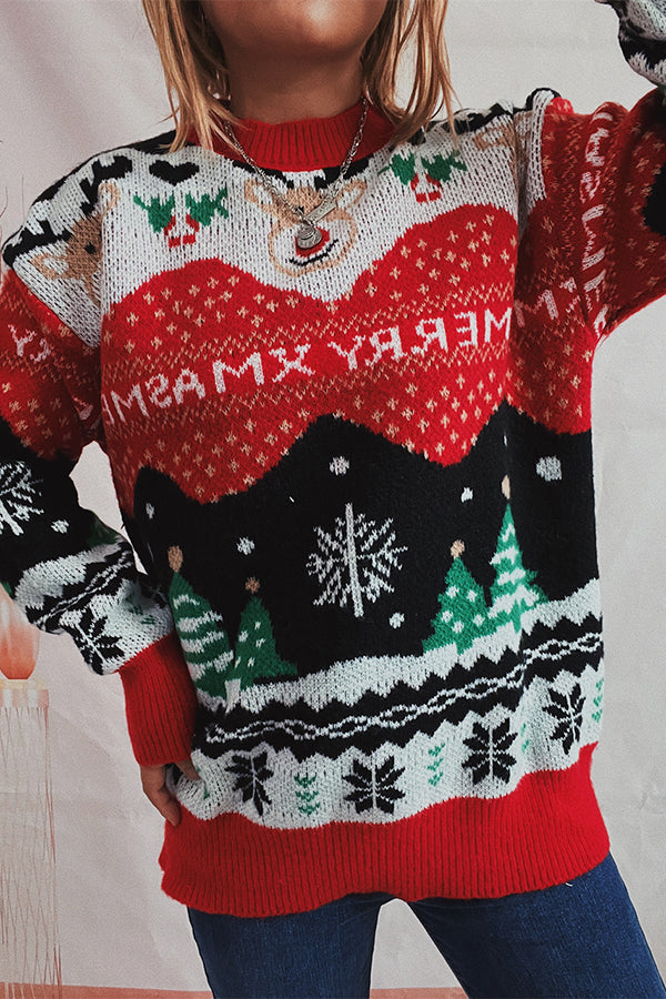 Christmas Pattern Knitted Crew Neck Long Sleeved Sweater