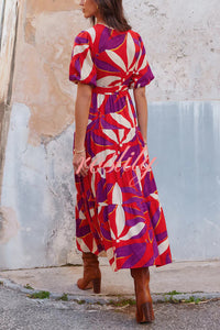 Unique Printed V-neck Puff Sleeves Tie Waist Midi Dress