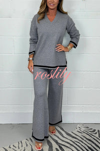 Solid Color V-neck Long-sleeved Loose Top and Elastic Waist Wide-leg Pants Set