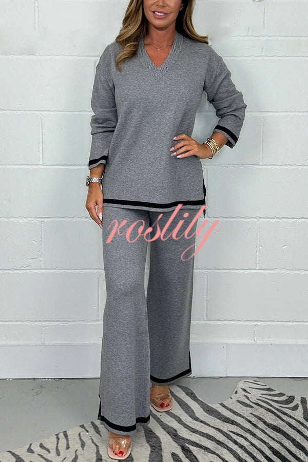 Solid Color V-neck Long-sleeved Loose Top and Elastic Waist Wide-leg Pants Set